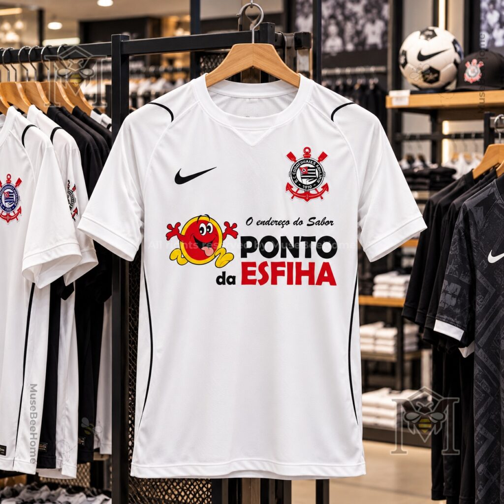 Football jersey front displaying mascot and Ponto da Esfiha sponsor