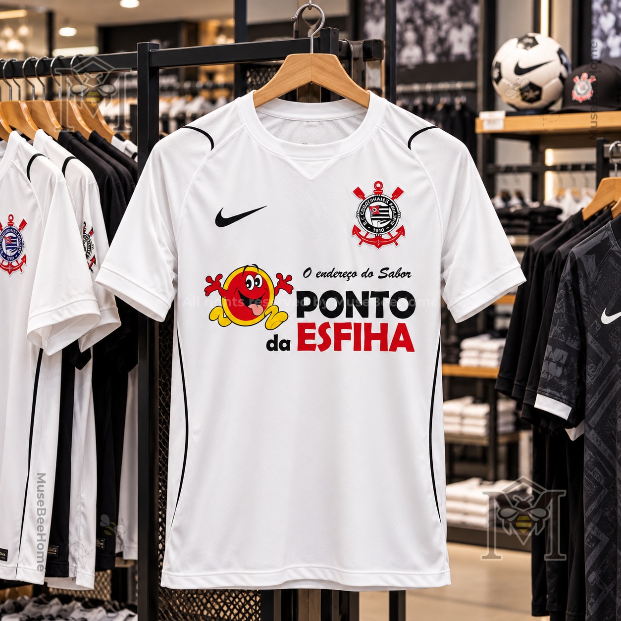 Football jersey front displaying mascot and Ponto da Esfiha sponsor