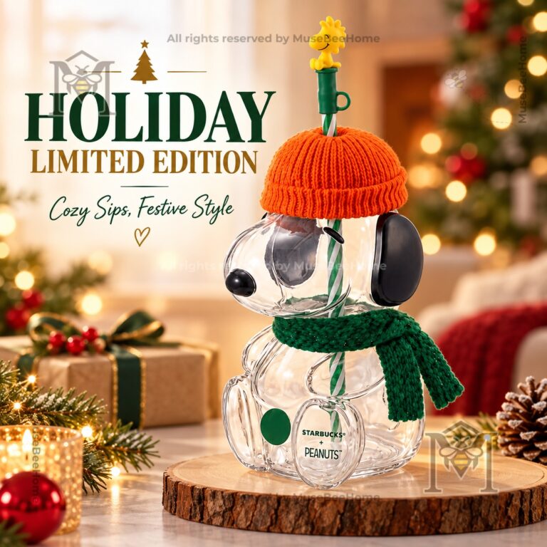 Starbucks Snoopy 3D Shaped Glass Bottle Tumbler - front view with hat and scarf