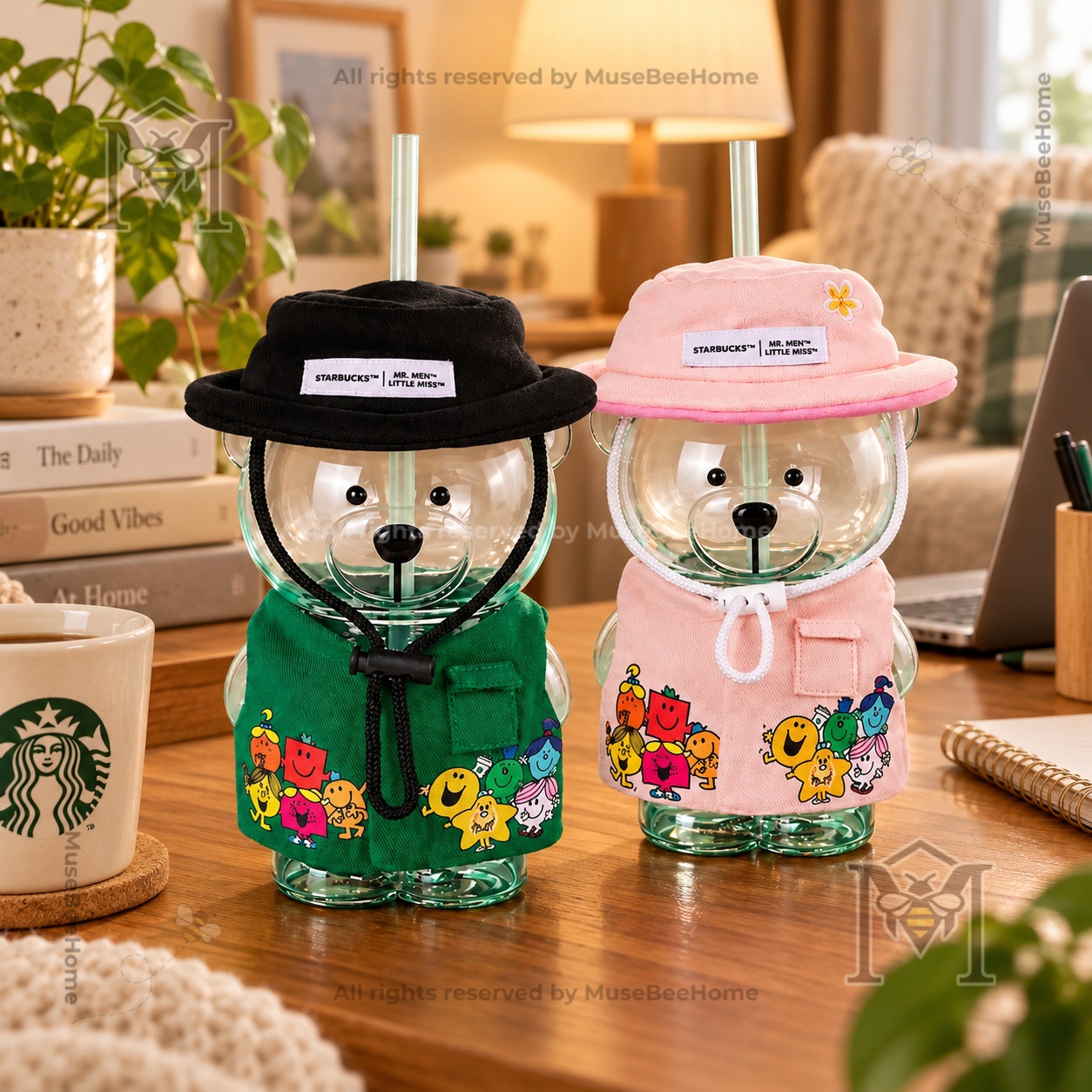 Starbucks x Mr. Men Little Miss Bearista Character Outfit Glass Cold Cup Tumbler - front view of two dressed