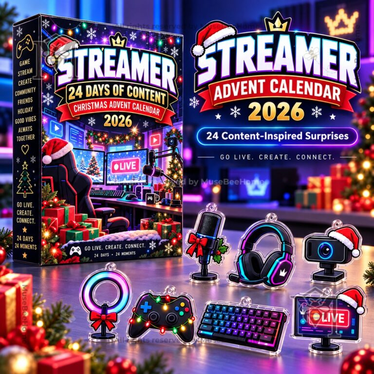 Streamer Christmas 2026 Advent Calendar - front box and themed ornaments