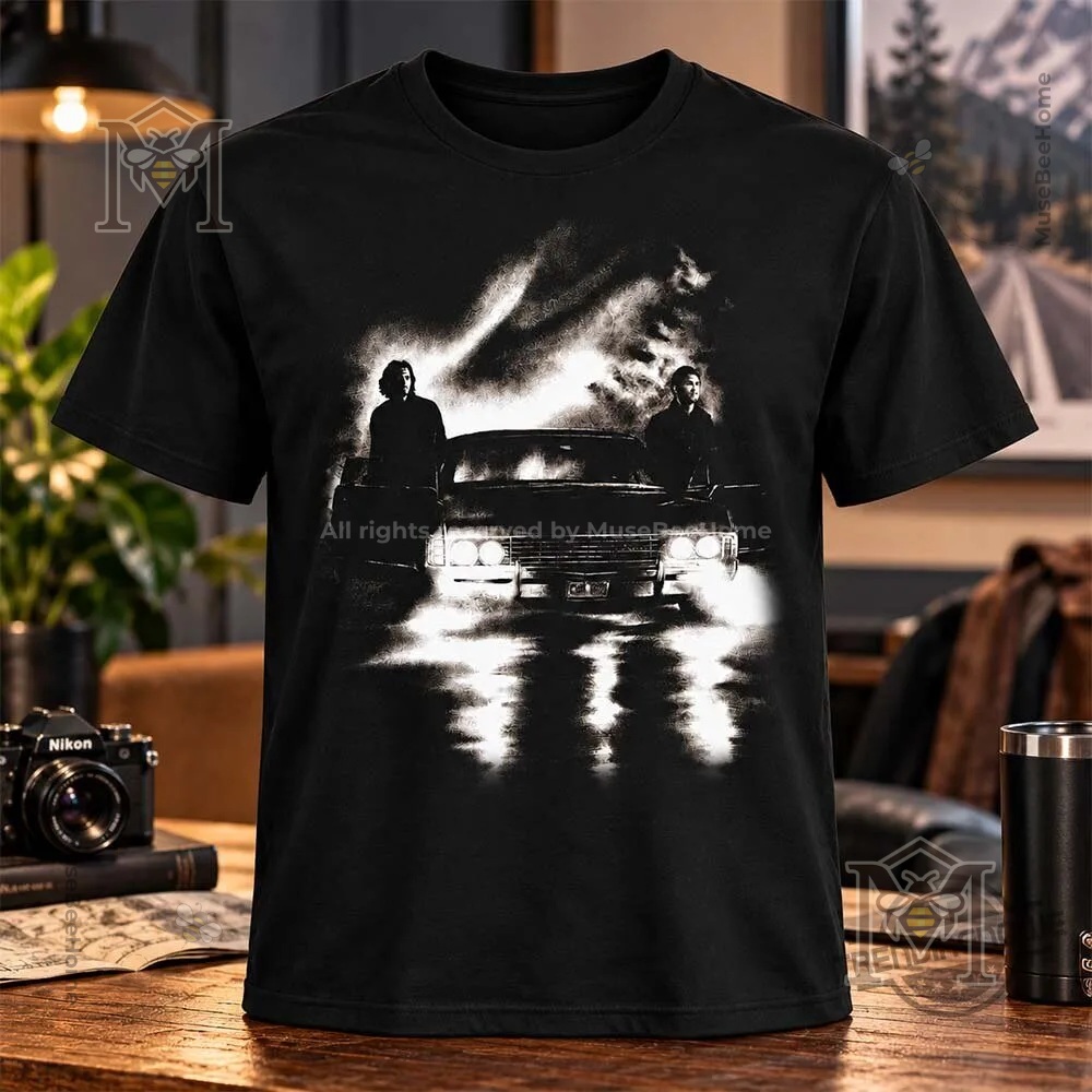 Black shirt showing monochrome brothers and car graphic