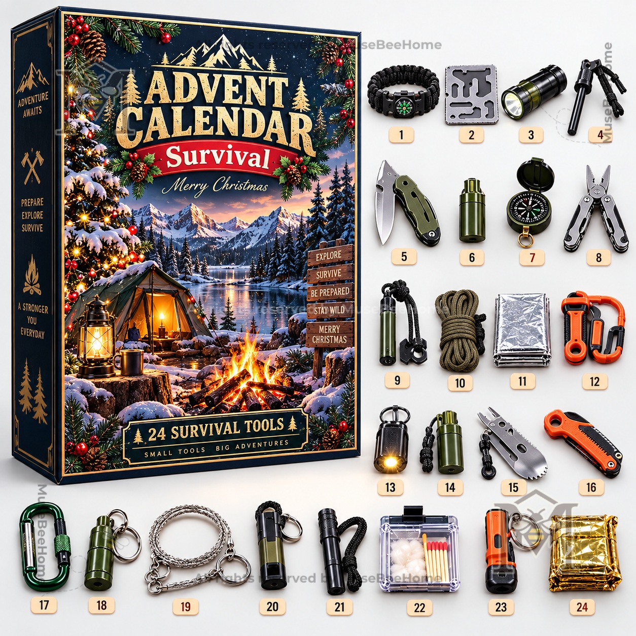 Survival Kit 24-Day Advent Calendar - close-up of survival tools