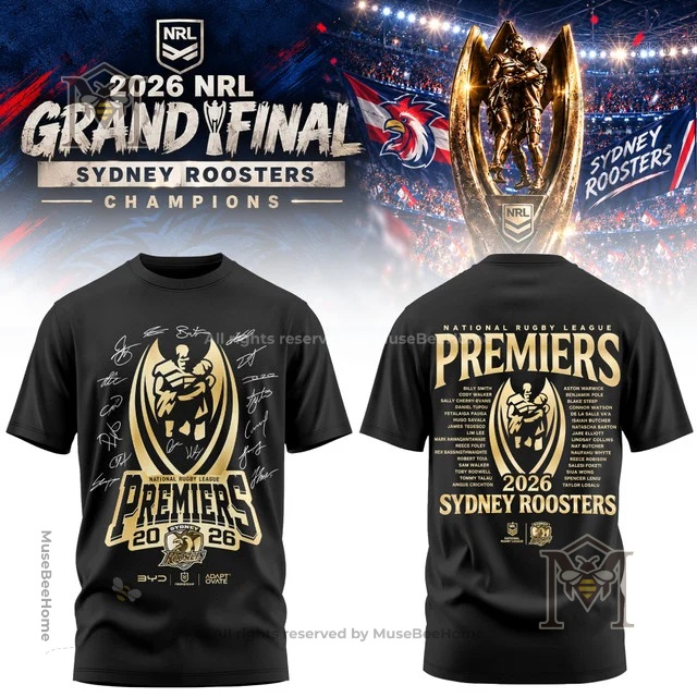 Sydney Roosters 2026 NRL Grand Final Champions T-Shirt front and back view