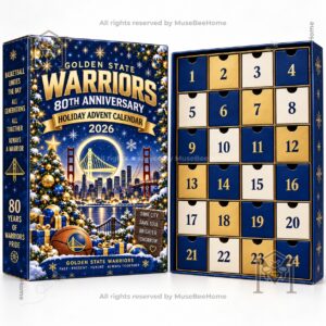 Golden State Warriors calendar display featuring Chase Center and jersey ornaments
