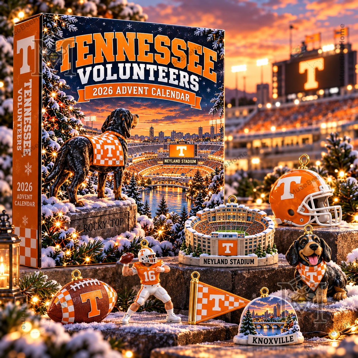 Tennessee Volunteers 2026 Advent Calendar - front box artwork with Neyland Stadium and football graphics