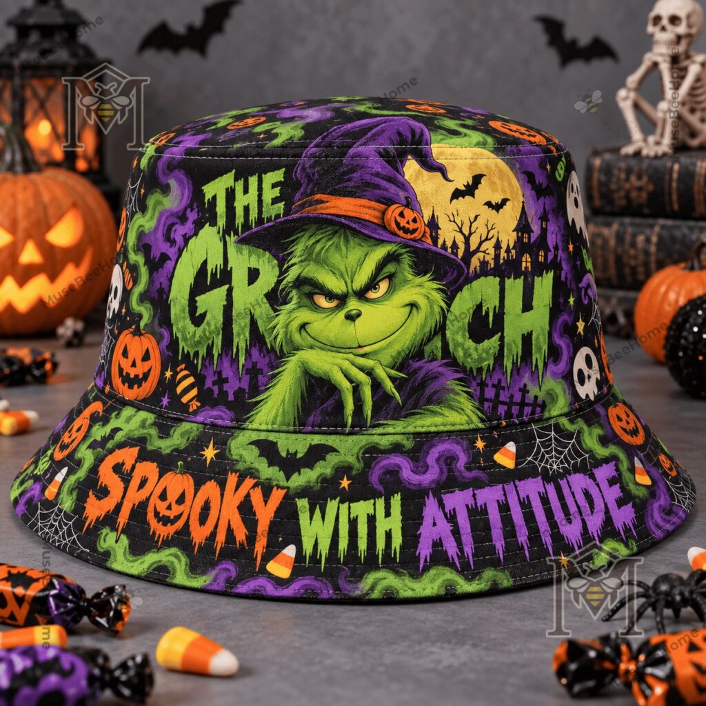 Bucket hat showing Grinch witch graphic and Halloween lettering