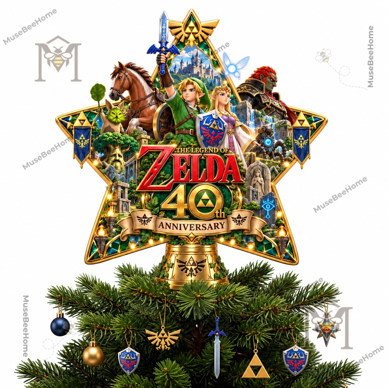 The Legend of Zelda 40th Anniversary Christmas Tree Topper - close-up of Zelda anniversary artwork