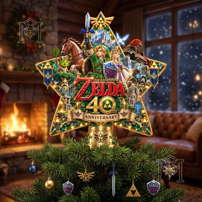 The Legend of Zelda 40th Anniversary Christmas Tree Topper - front view on decorated tree