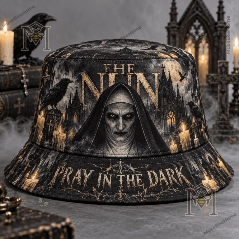 The Nun Pray In The Dark Bucket Hat - angled view showing printed crown and brim