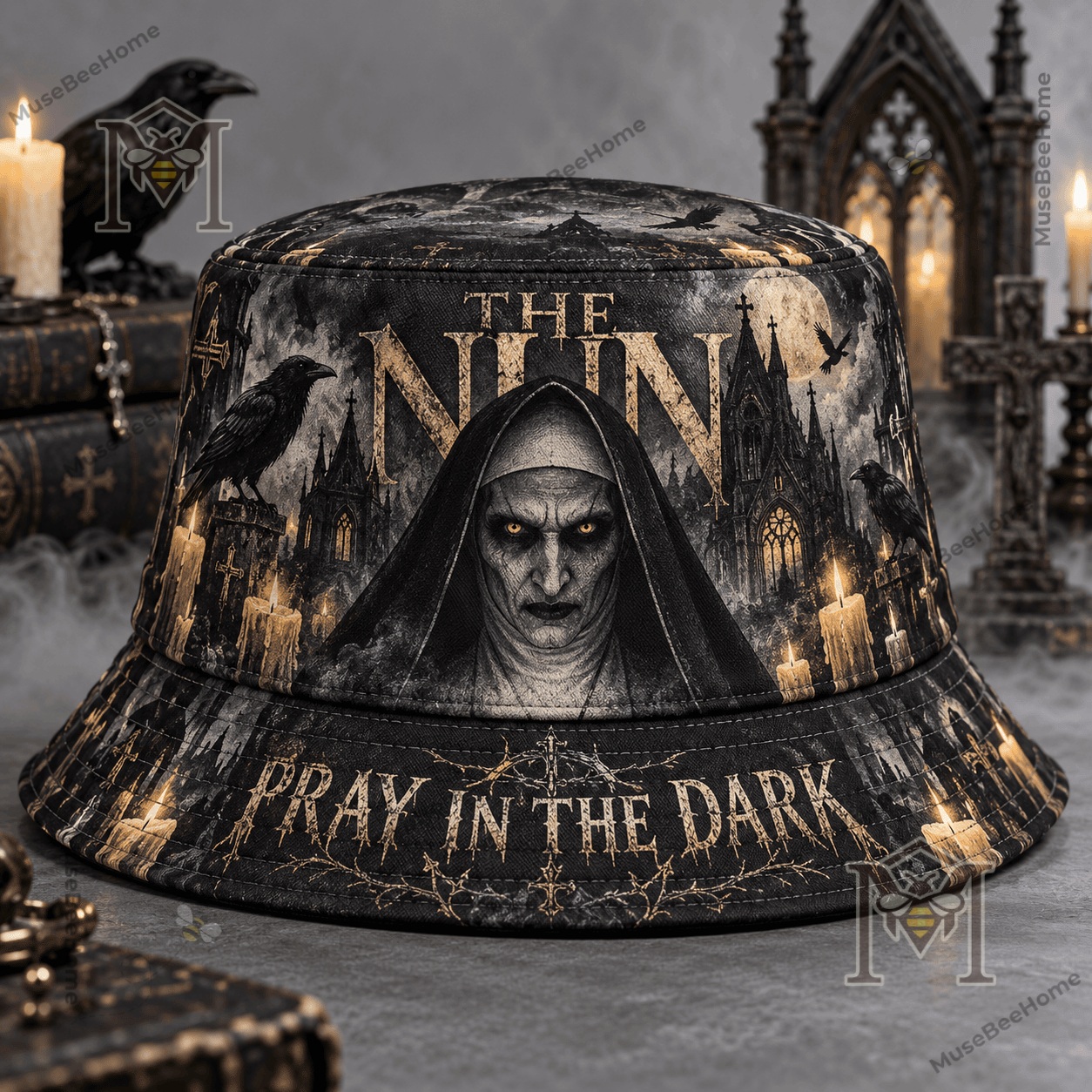 The Nun Pray In The Dark Horror Bucket Hat - angled view showing printed crown and brim