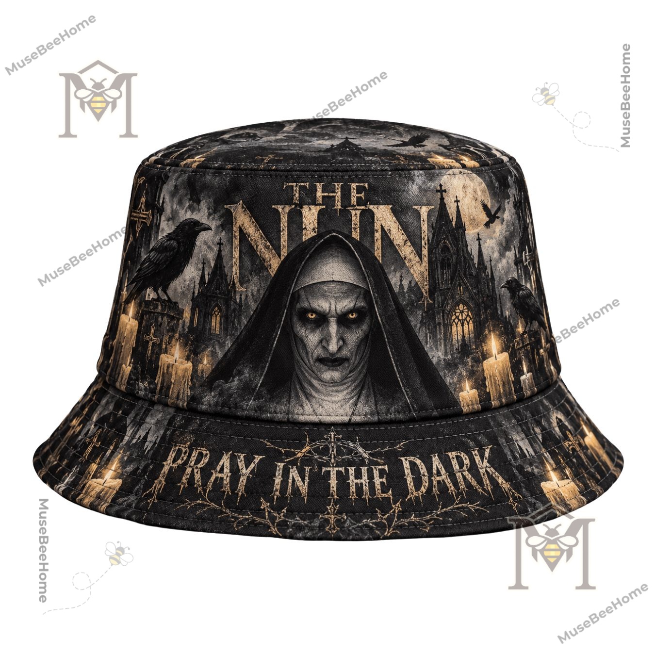 The Nun Pray In The Dark Horror Bucket Hat - close-up of distressed gold lettering and Nun face