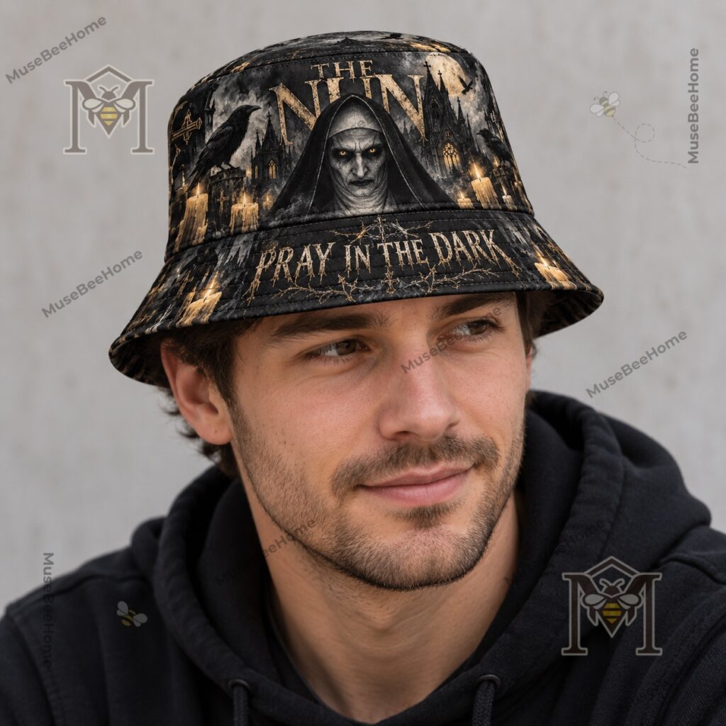 The Nun Pray In The Dark Bucket Hat - side view showing ravens, candles, and cathedral graphics