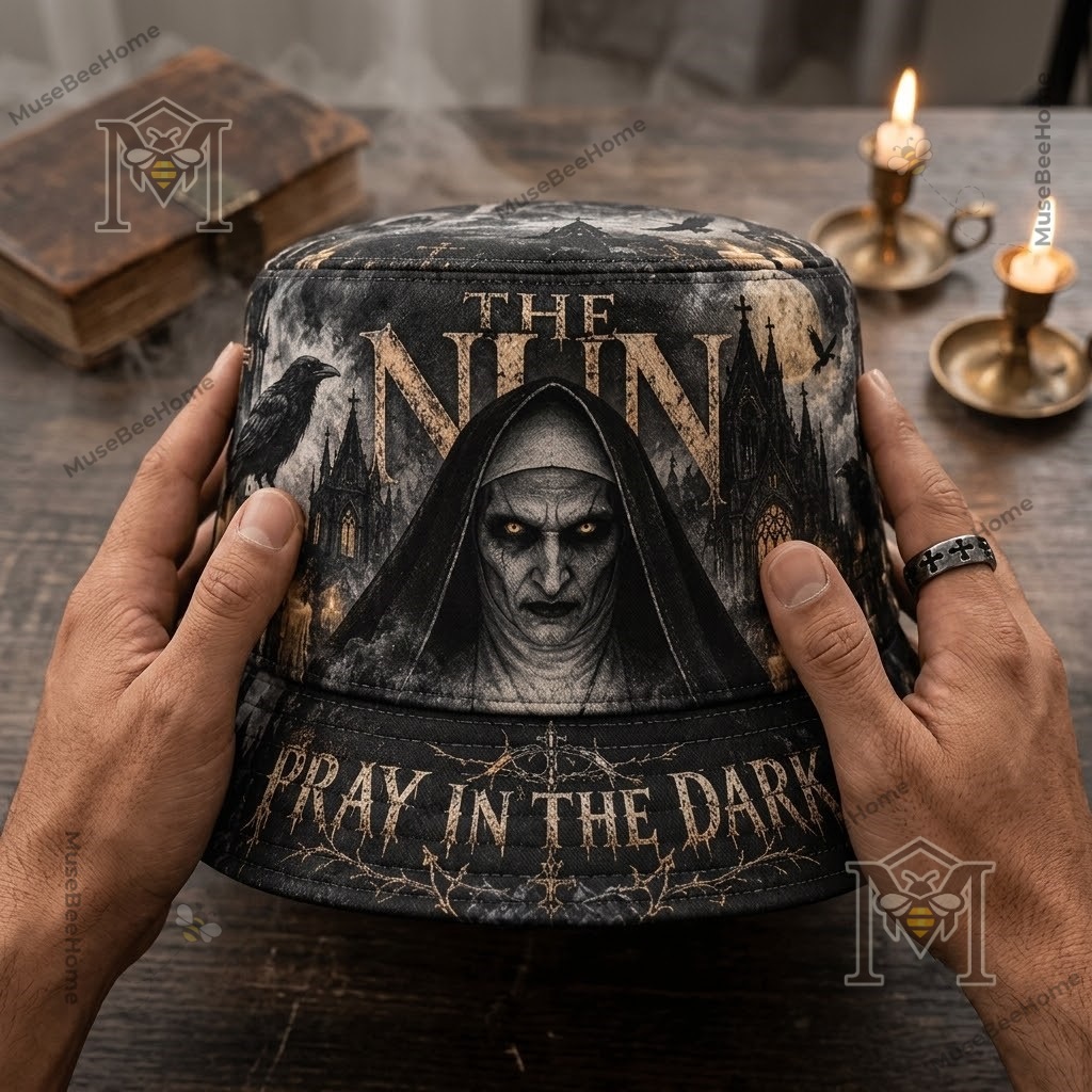 The Nun Pray In The Dark Bucket Hat - brim detail with Pray In The Dark text