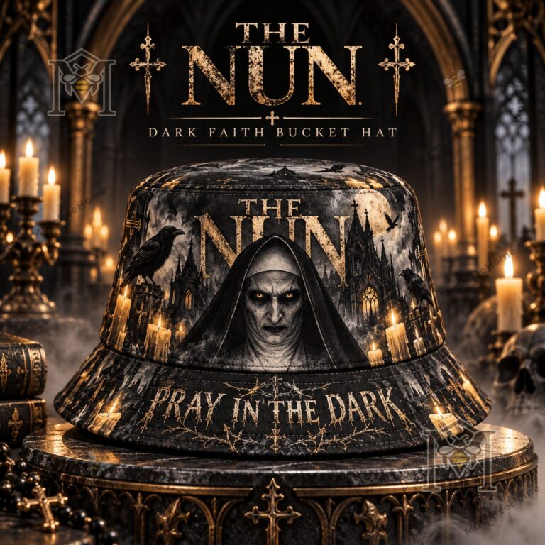 The Nun Pray In The Dark Bucket Hat - front view showing Nun graphic and gothic cathedral