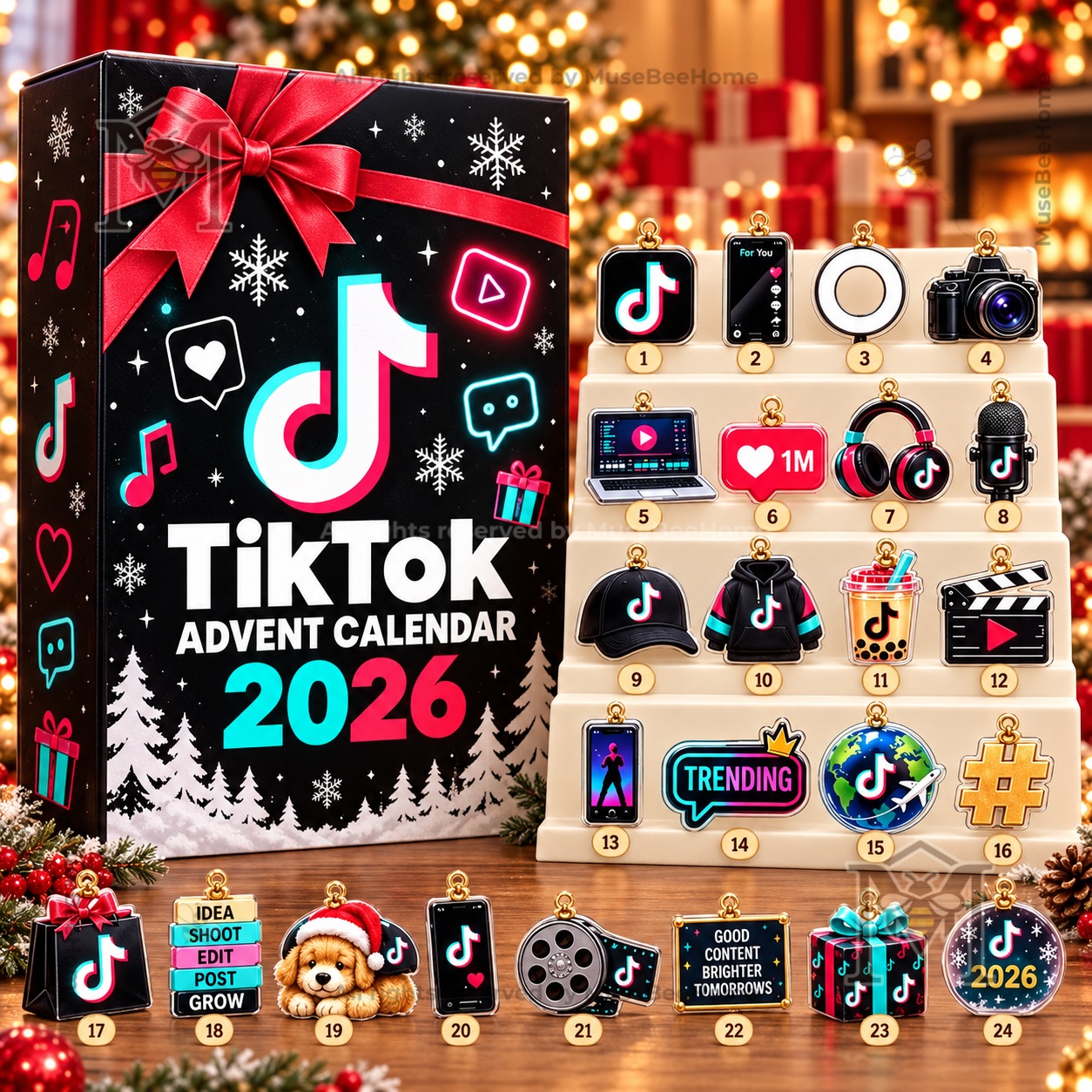TikTok 2026 Christmas Advent Calendar - angled view showing front and decorated side panel