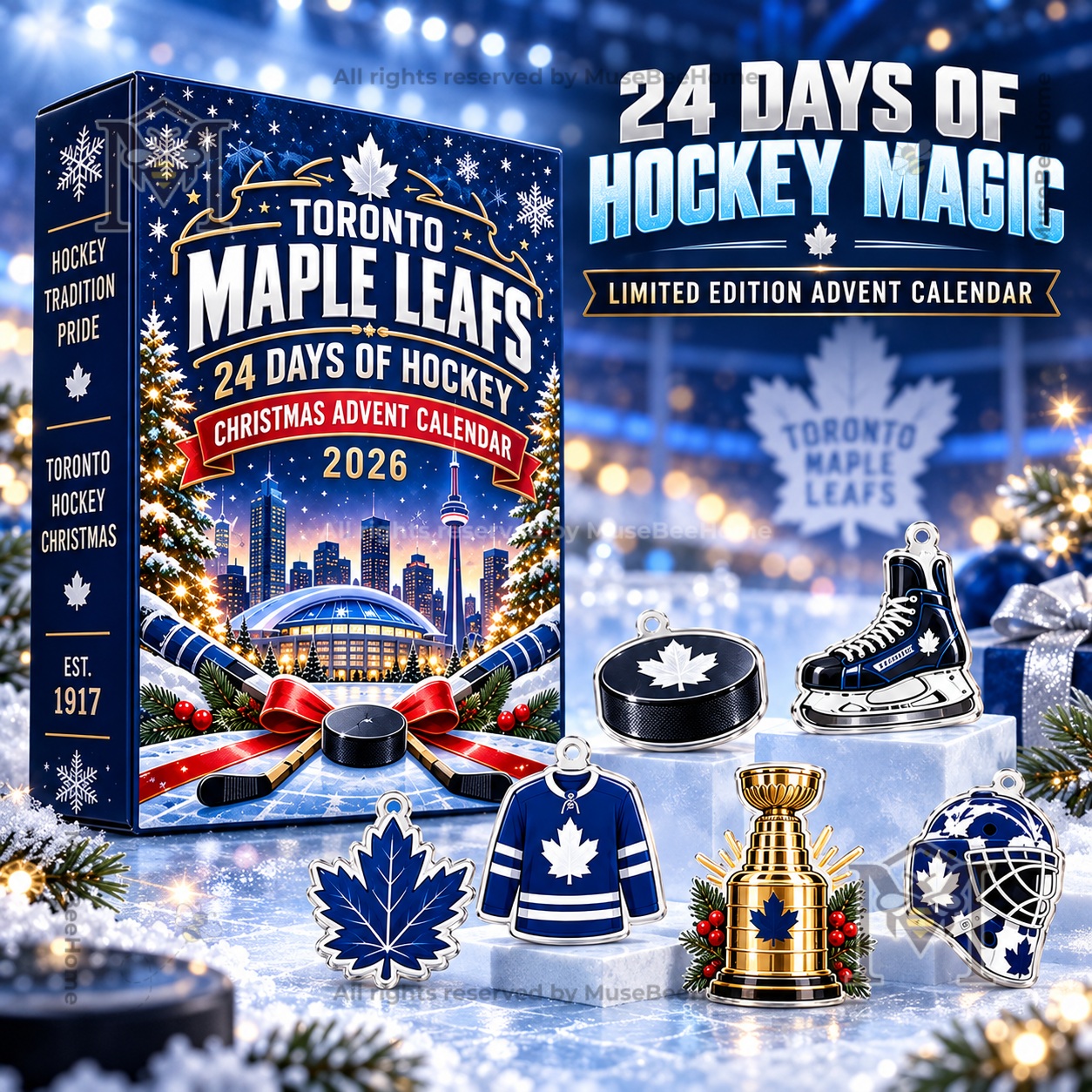 Toronto Maple Leafs Christmas 2026 Advent Calendar - front box and hockey ornaments