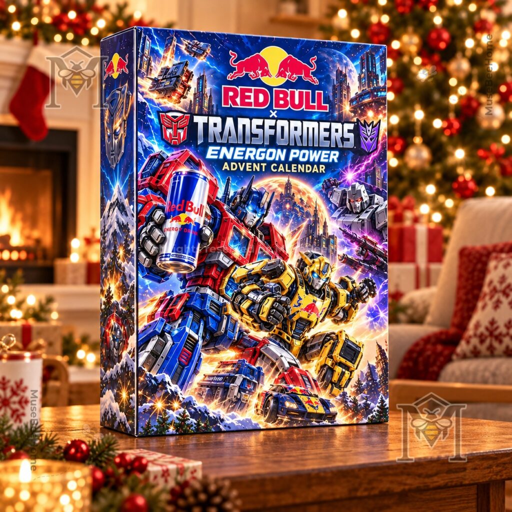 Transformers x Red Bull Advent Calendar – Front three-quarter view of illustrated Transformers x Red Bull Advent Calendar - front three-quarter view of illustrated box