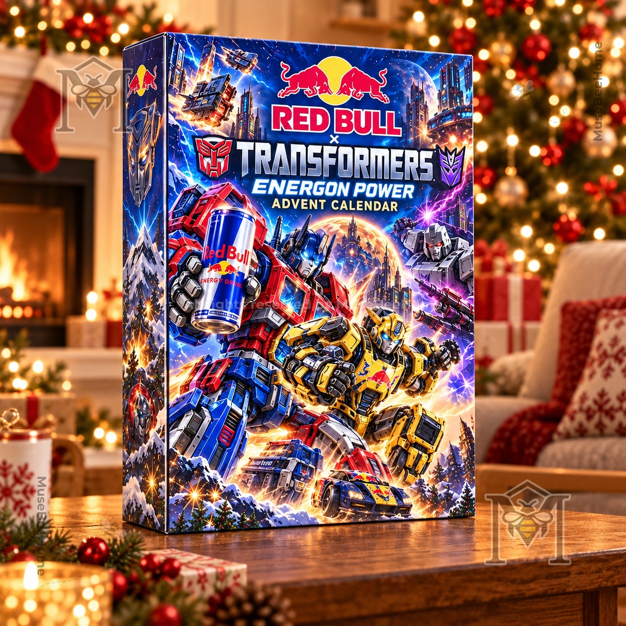 Transformers x Red Bull Advent Calendar - front three-quarter view of illustrated box