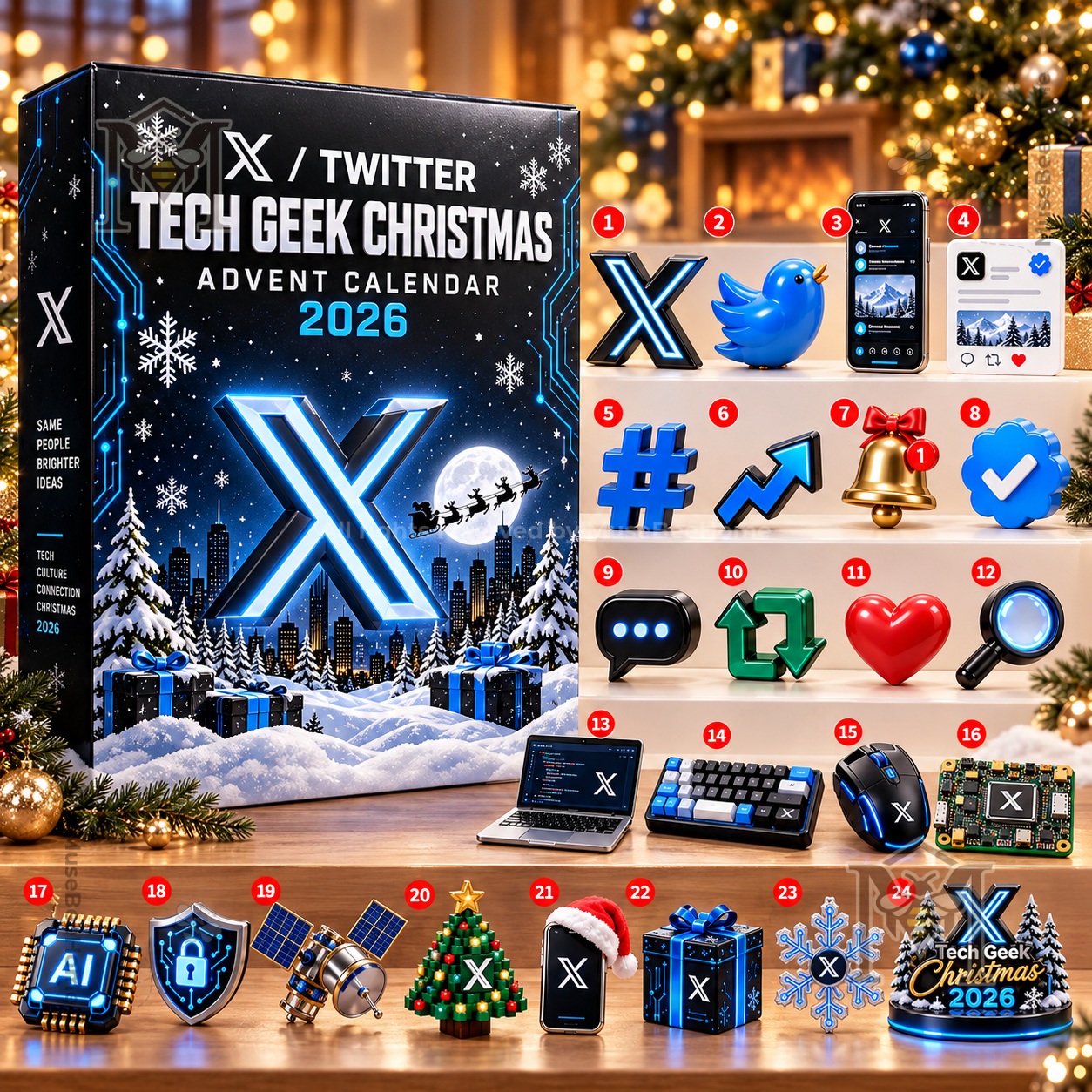 Twitter Tech Geek Christmas 2026 Advent Calendar - close view of X and snowy city artwork