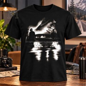 Black shirt showing monochrome brothers and car graphic