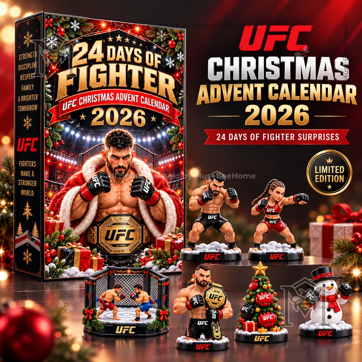 UFC 2026 24 Days of Fighter Christmas Advent Calendar - full box and UFC figurines display