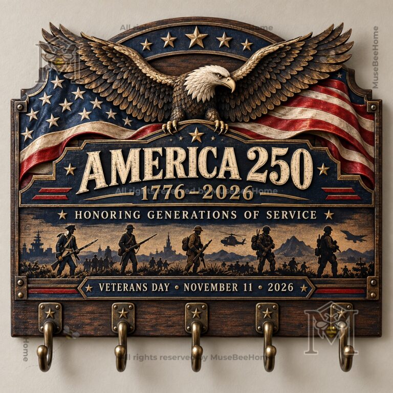 Key rack close-up showing eagle, American flag, stars, and five hooks