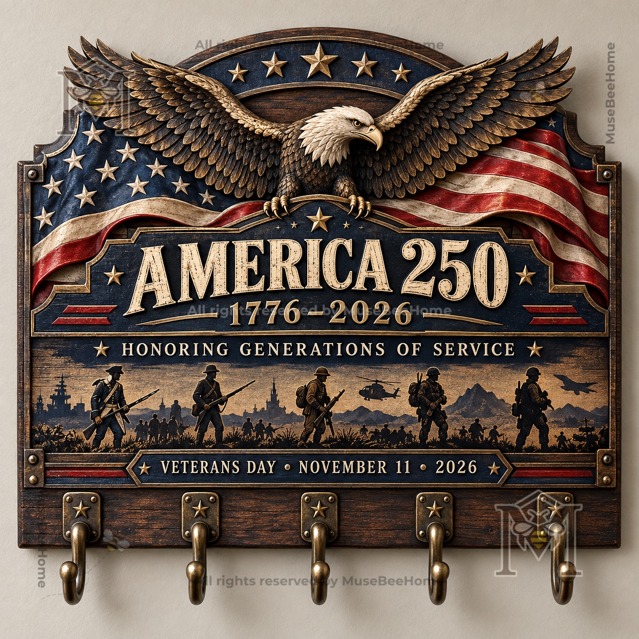 Key rack close-up showing eagle, American flag, stars, and five hooks