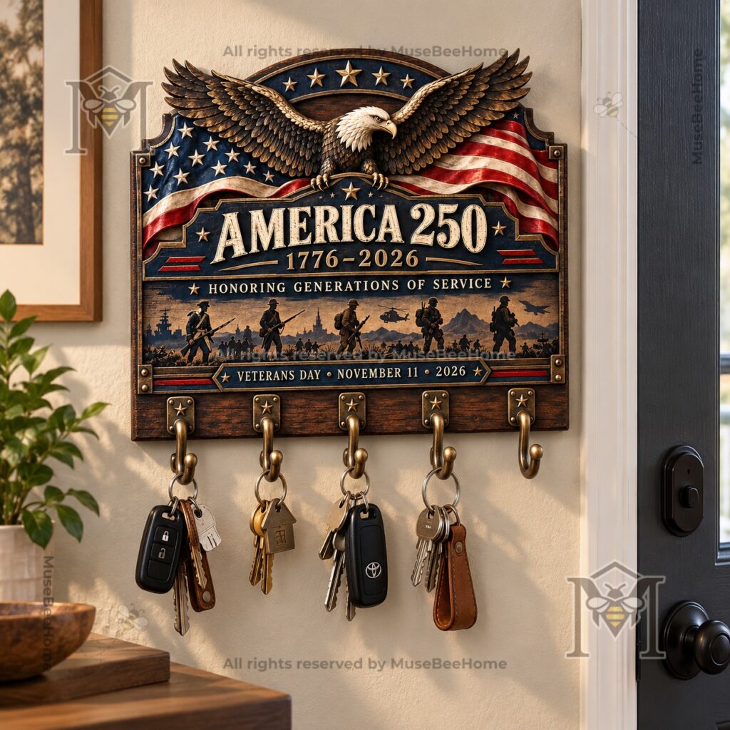 Wall-mounted key rack showing Veterans Day 2026 service silhouettes and lettering