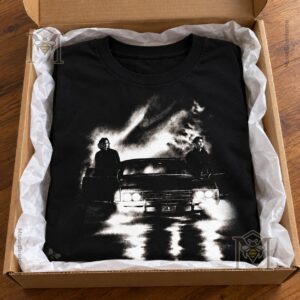 Full shirt display with centered Supernatural-inspired Impala scene