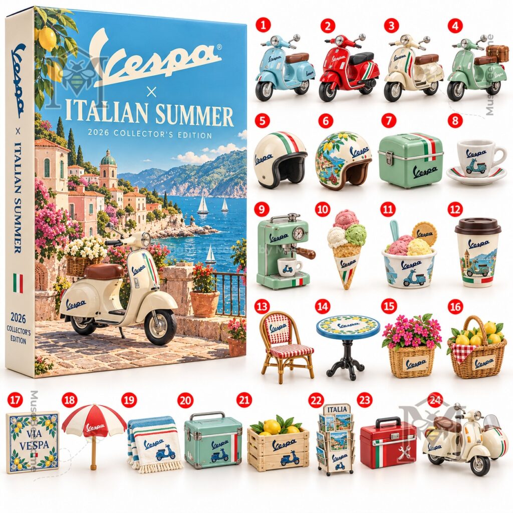Vespa Italian Summer Advent Calendar 2026 - coastal scooter artwork close-up