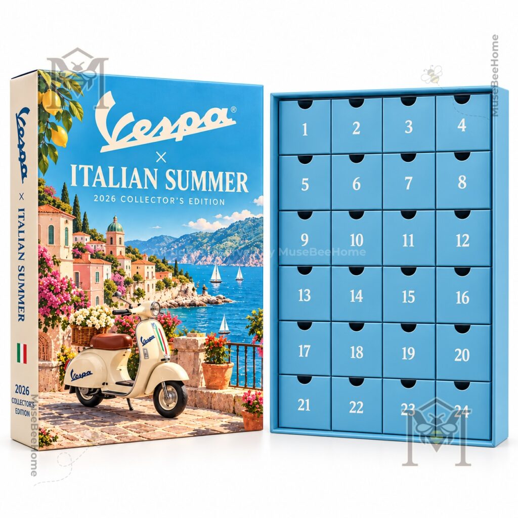 Vespa Italian Summer Advent Calendar 2026 - angled package showing side panel