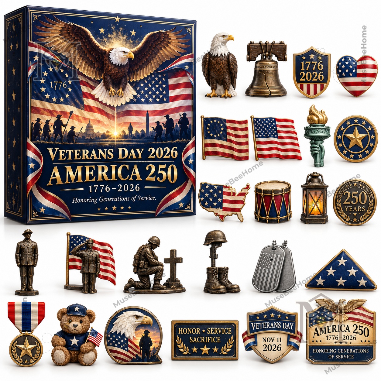 Advent calendar box showing eagle, flags, stars, and patriotic lettering
