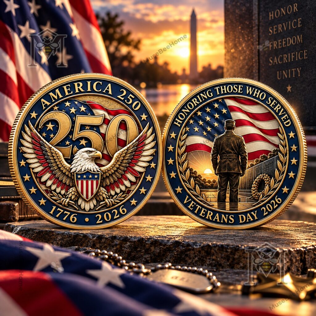Veterans Day 2026 USA 250th Anniversary Commemorative Coin – Front and reverse displayed Veterans Day 2026 USA 250th Anniversary Commemorative Coin - front and reverse displayed