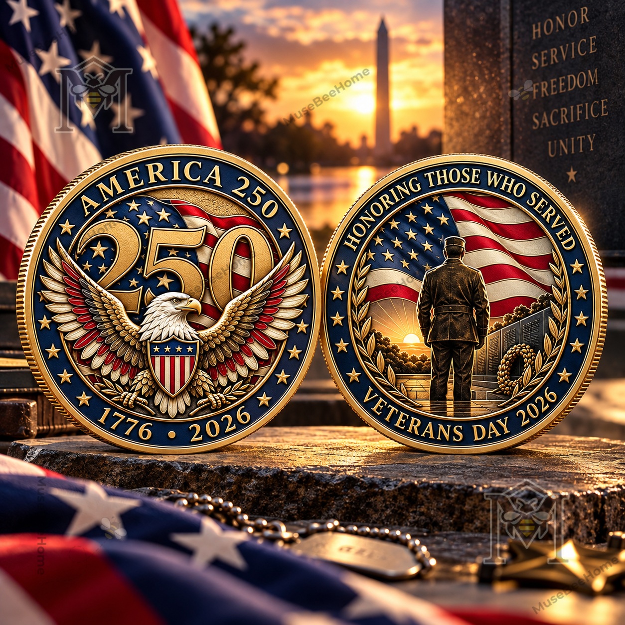 Veterans Day 2026 USA 250th Anniversary Commemorative Coin - front and reverse displayed