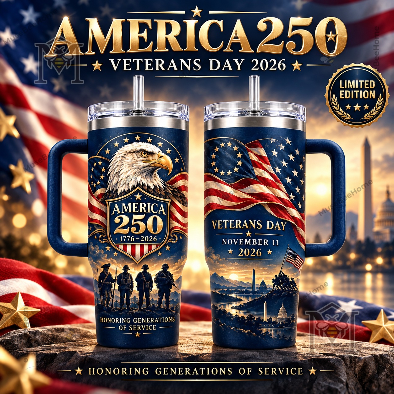 Veterans Day 2026 USA 250th Anniversary Tumbler - front and reverse designs with patriotic graphics
