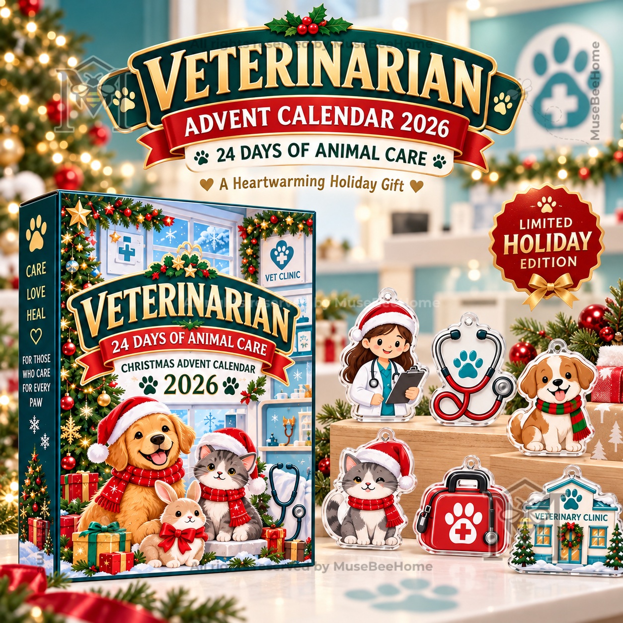 Veterinarian 2026 Animal Care Advent Calendar box with illustrated veterinary-themed charms