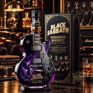 Black Sabbath Paranoid Guitar-Shaped Whiskey Bottle - front view with presentation box
