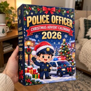Police Officer Christmas Advent Calendar 2026 - assorted ornaments with wreath, dog, motorcycle, and badge