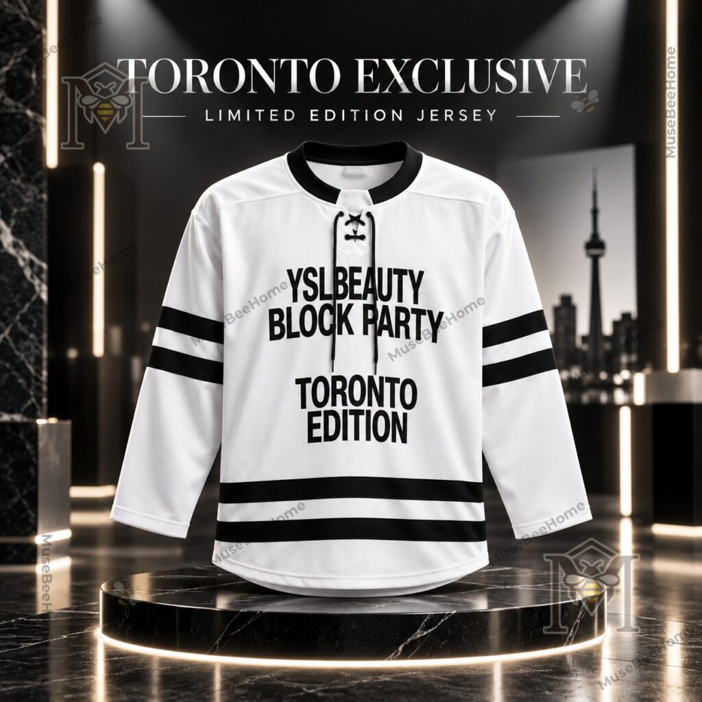 YSL Beauty Block Party Toronto White Hockey Jersey – Front view on display pedestal YSL Beauty Block Party Toronto White Hockey Jersey - front view on display pedestal